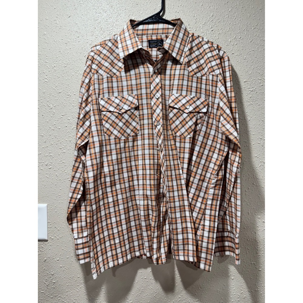 Vintage JCPenney Mens Western Pearl Snap Shirt Plaid Brown Orange Large L